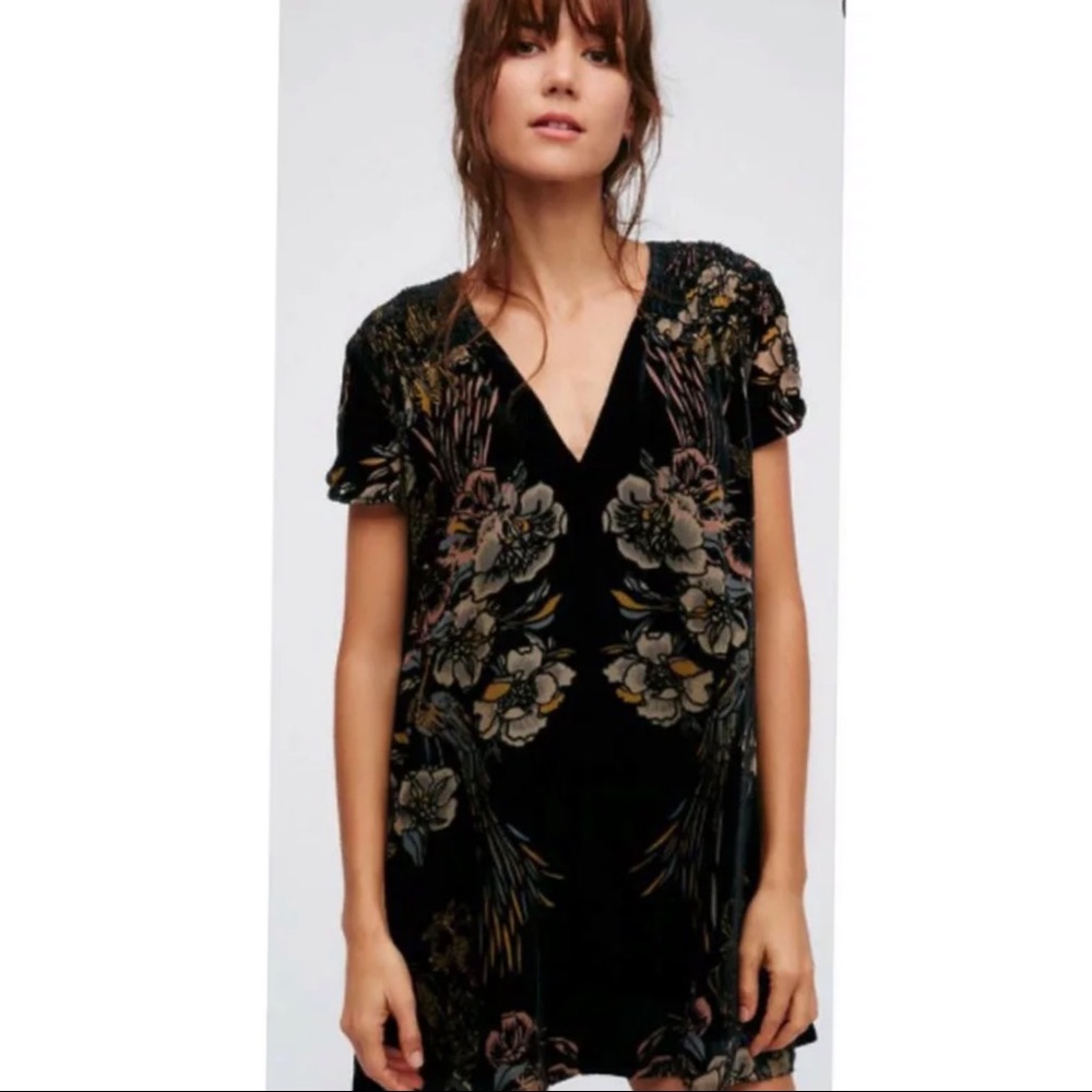 FREE PEOPLE ACTIN SINGLE VELVET MINI DRESS IN BLACK COMBO SMALL TUNIC TOP